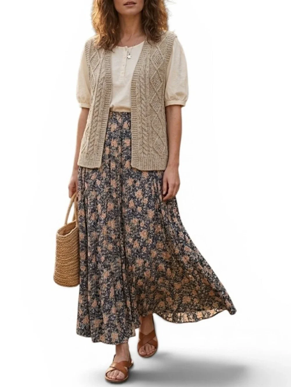 Vintage Clio Vintage Floral Crinkle Broomstick Maxi Skirt Multicolor M